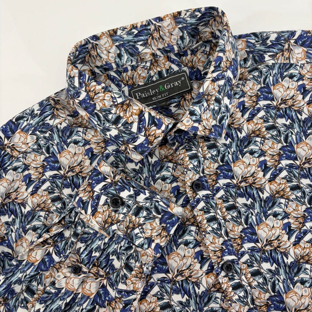 Paisley & Gray Slim Fit Floral Button Down Shirt‎ Mens Large Blue White Cotton